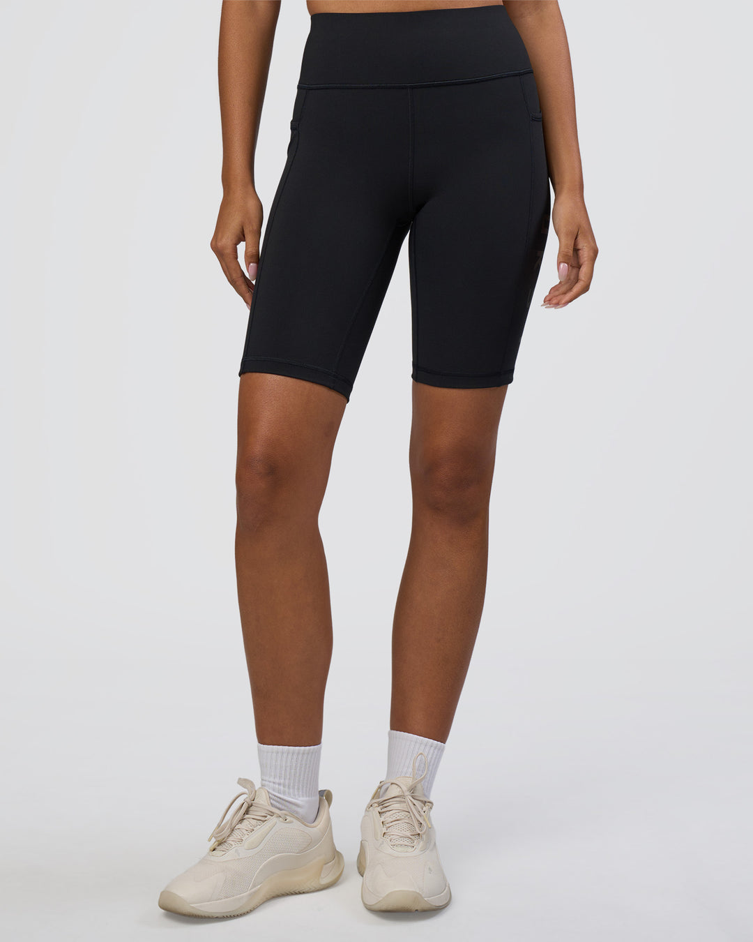 Woman wearing Rep Ultra High-Rise 9" Short Pockets - Black-Black | Model:Ruby | Size:S - view 7
