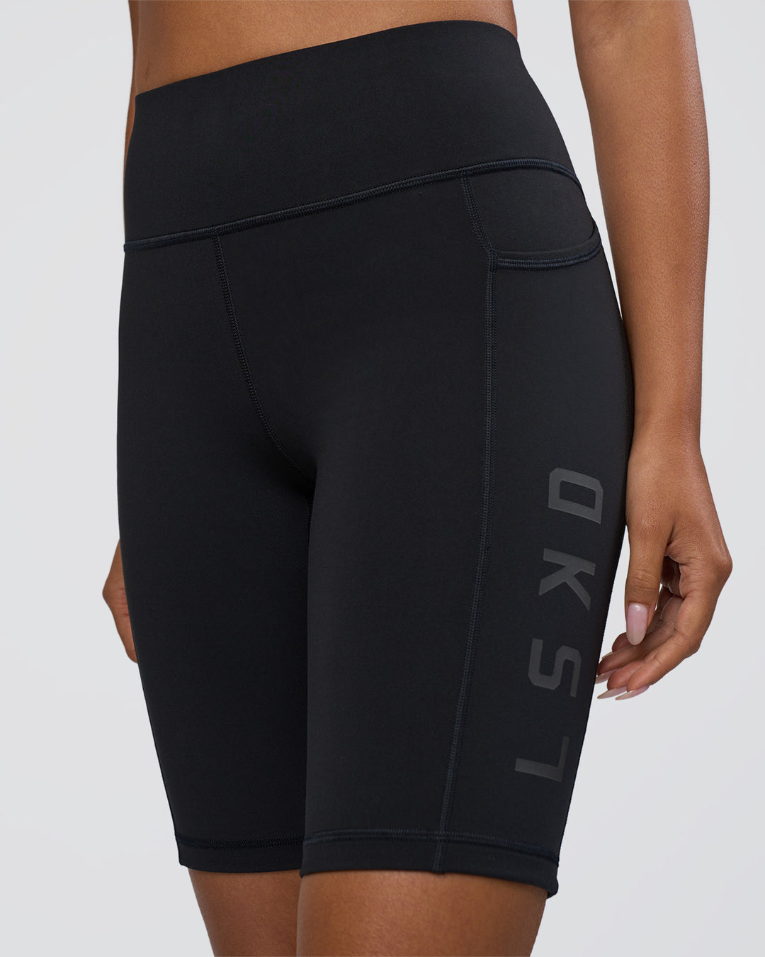 Woman wearing Rep Ultra High-Rise 9" Short Pockets - Black-Black | Model:Ruby | Size:S - view 6