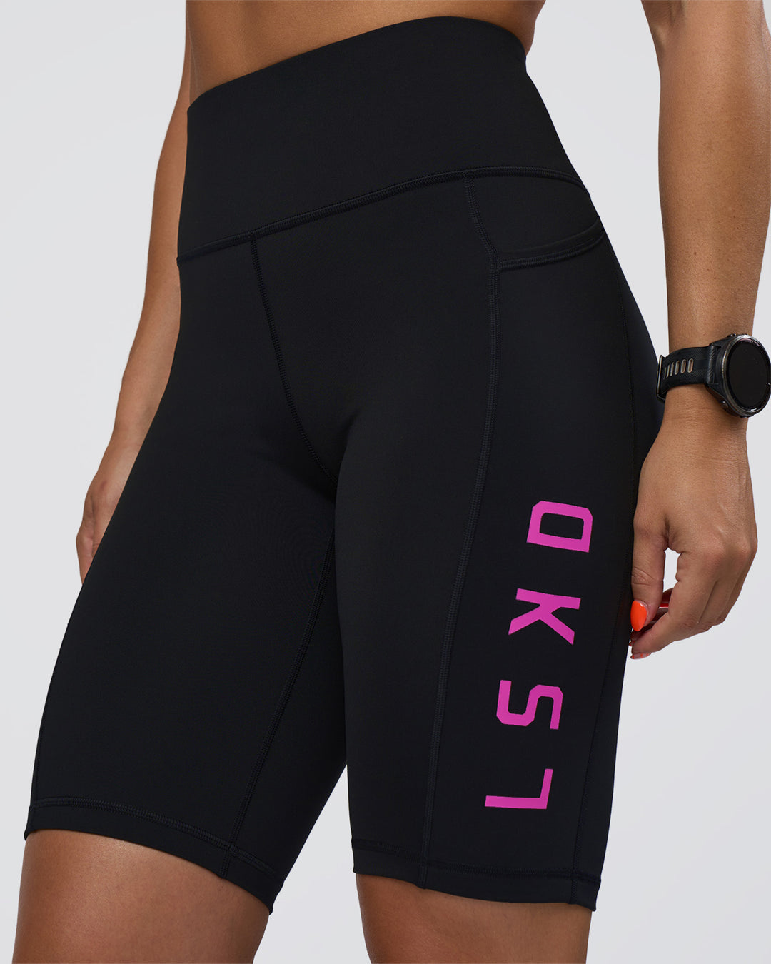 Woman wearing Rep Ultra High-Rise 9" Short Pockets - Black-Ultra Fuchsia | Model:Abbey | Size:S - view 3