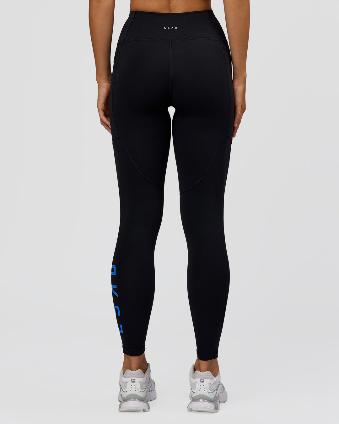 Woman wearing Rep Ultra High-Rise Full Length Legging Pockets - Black-Palace Blue | Model:Amity | Size:S - view 5