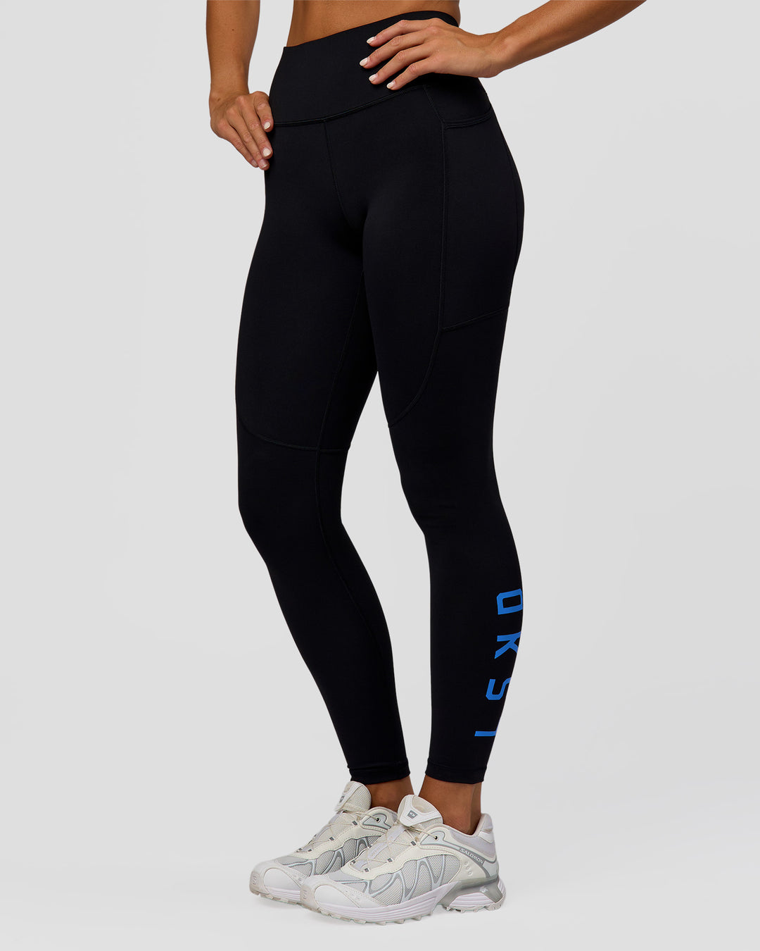 Woman wearing Rep Ultra High-Rise Full Length Legging Pockets - Black-Palace Blue | Model:Amity | Size:S - view 9