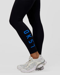 Woman wearing Rep Ultra High-Rise Full Length Legging Pockets - Black-Palace Blue | Model:Amity | Size:S | Thumbnail Index: 2