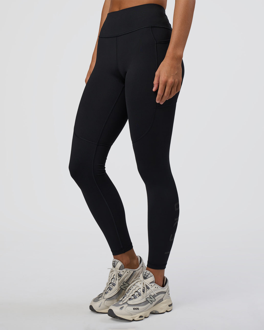 Woman wearing Rep Ultra High-Rise Full Length Legging Pockets - Black-Black | Model:Amity | Size:S - view 1