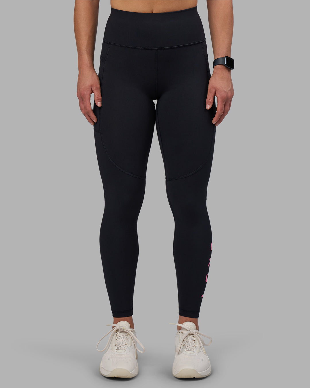Woman wearing Rep Ultra High-Rise Full Length Legging Pockets - Black-Candy Pink | Model:Keisha | Size:S - view 7