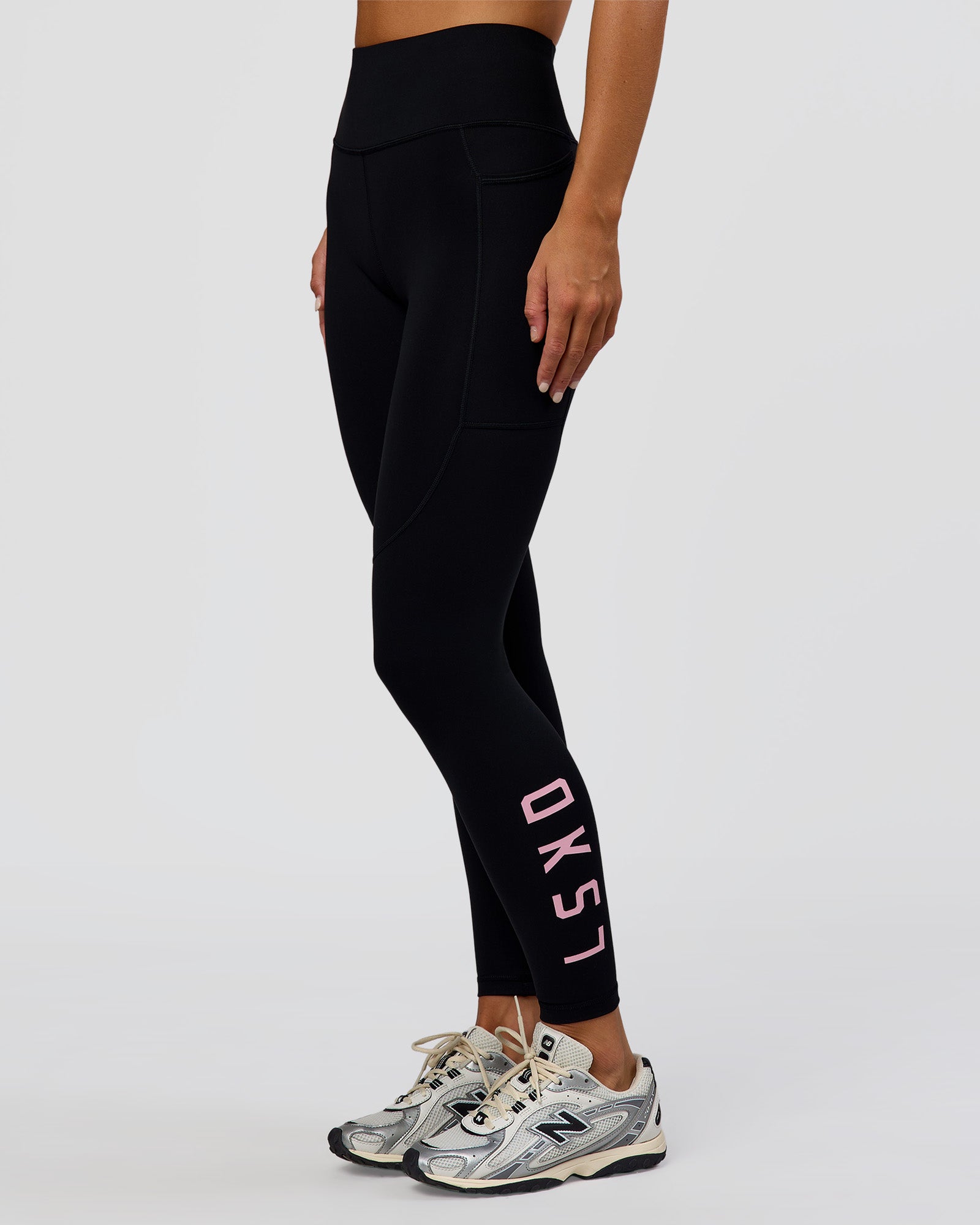 Woman wearing Rep Ultra High-Rise Full Length Legging Pockets - Black-Marshmallow | Model:Amity | Size:S