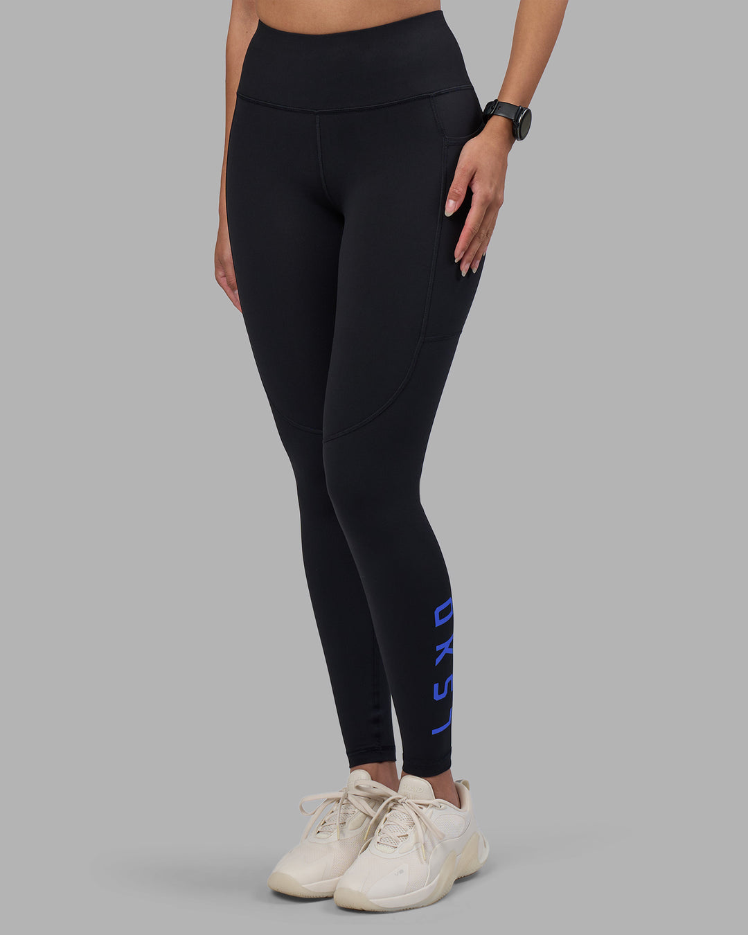 Woman wearing Rep Ultra High-Rise Full Length Legging Pockets - Black-Power Cobalt | Model:Rhiley | Size:S - view 7