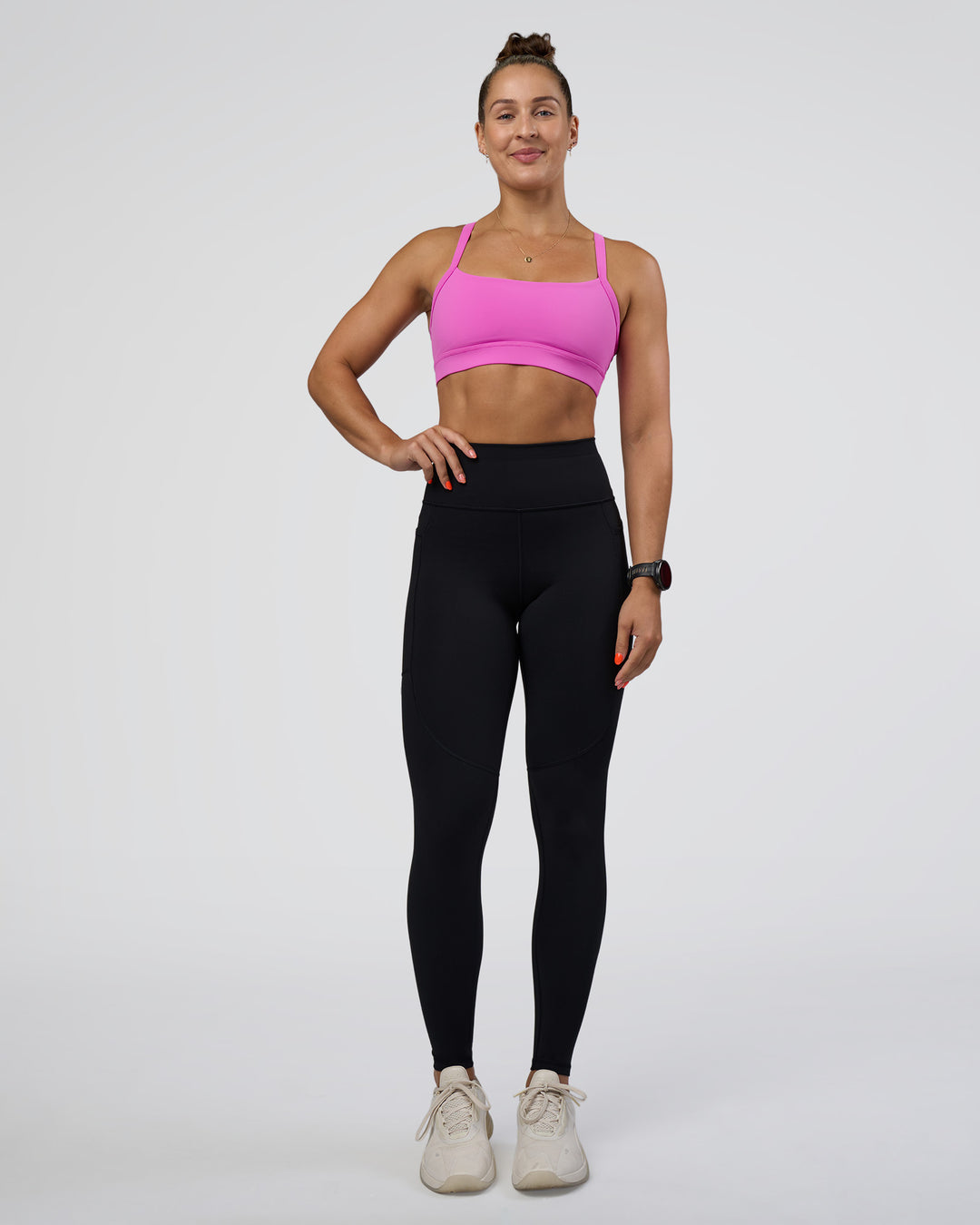 Woman wearing Rep Ultra High-Rise Full Length Legging Pockets - Black-Ultra Fuchsia | Model:Abbey | Size:S - view 5