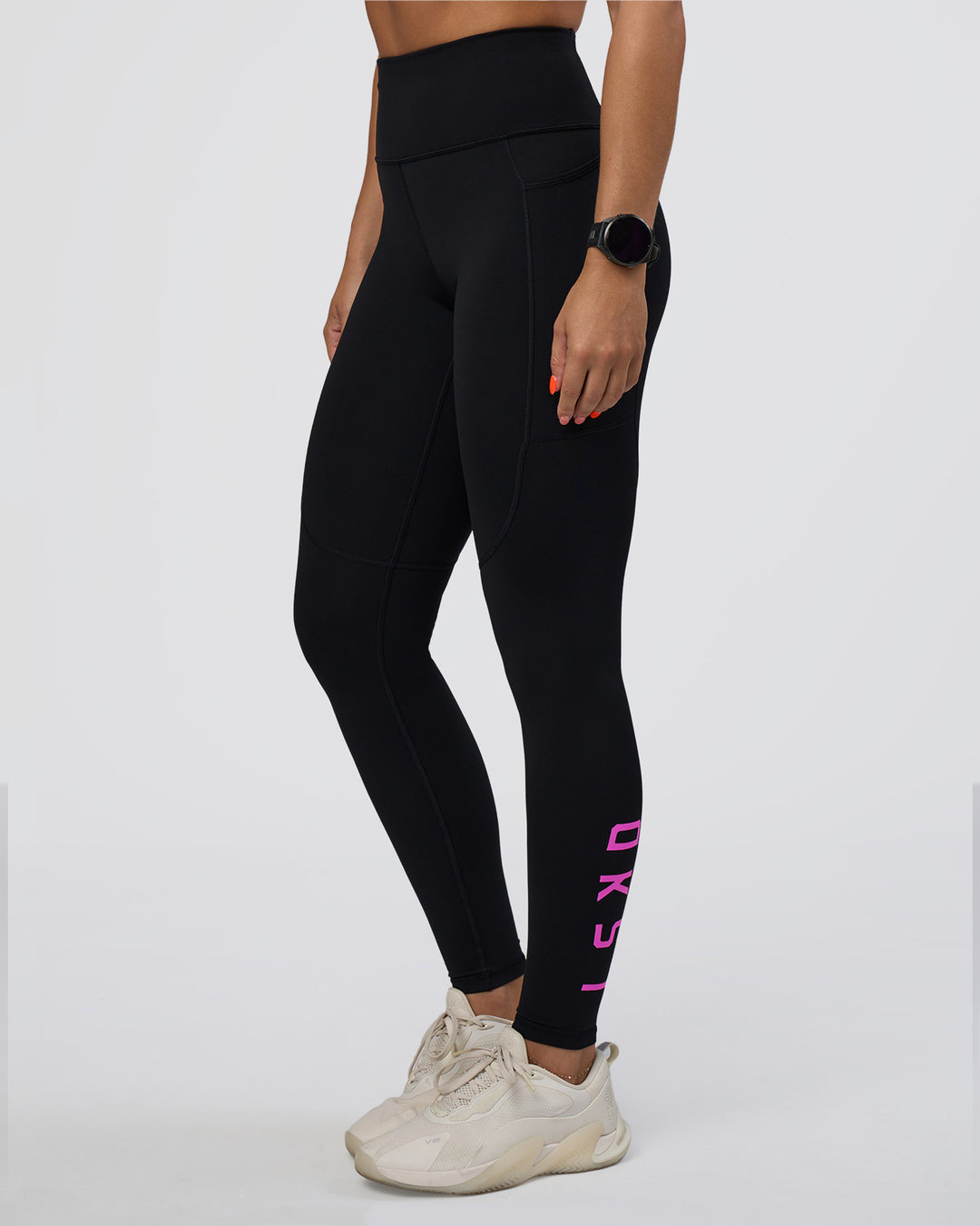 Woman wearing Rep Ultra High-Rise Full Length Legging Pockets - Black-Ultra Fuchsia | Model:Abbey | Size:S - view 9