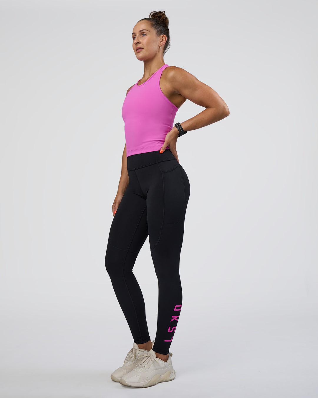 Woman wearing Rep Ultra High-Rise Full Length Legging Pockets - Black-Ultra Fuchsia | Model:Abbey | Size:S - view 1