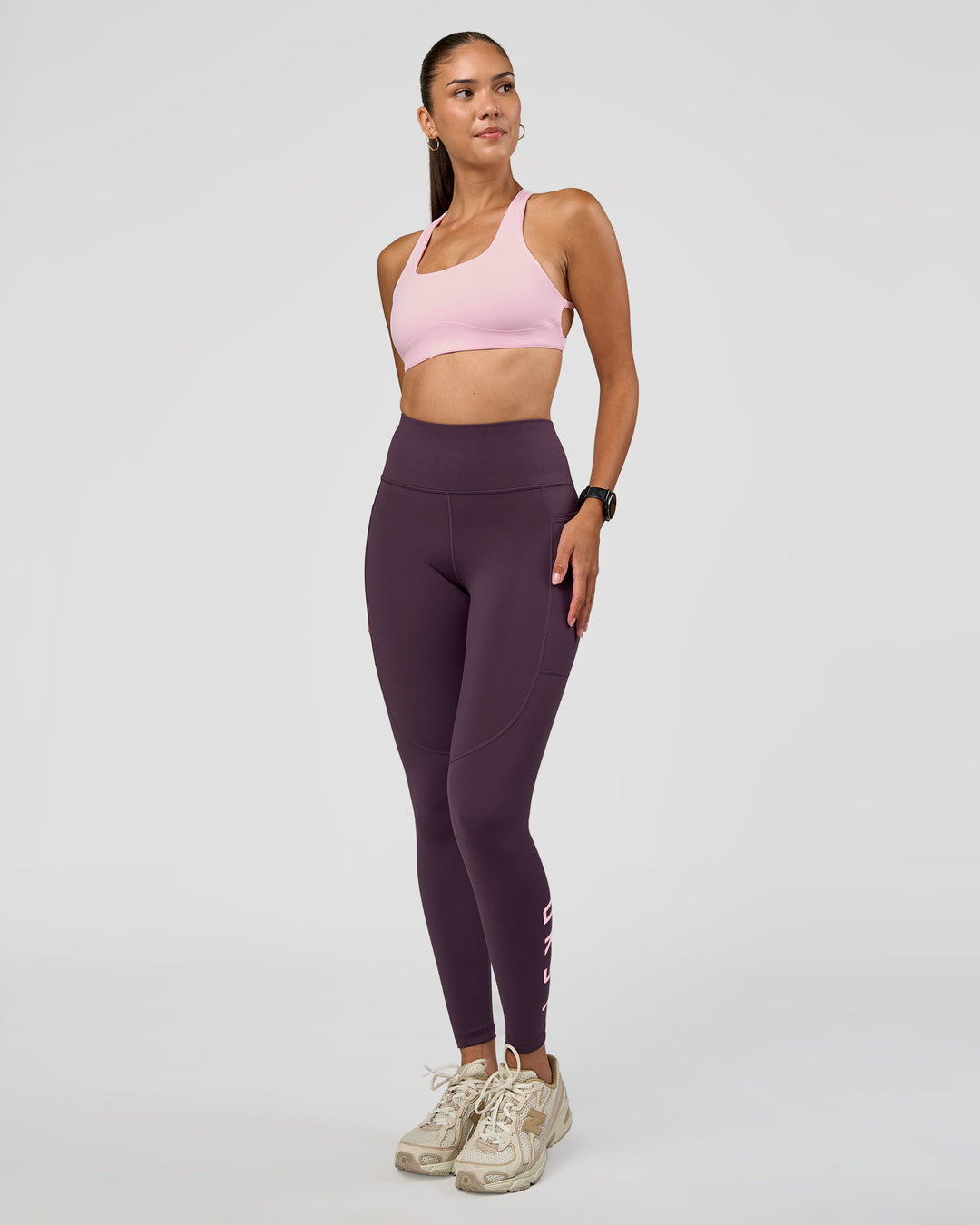 Woman wearing Rep Ultra High-Rise Full Length Legging Pockets - Midnight Plum-Marshmallow | Model:Rhiley | Size:S - view 7