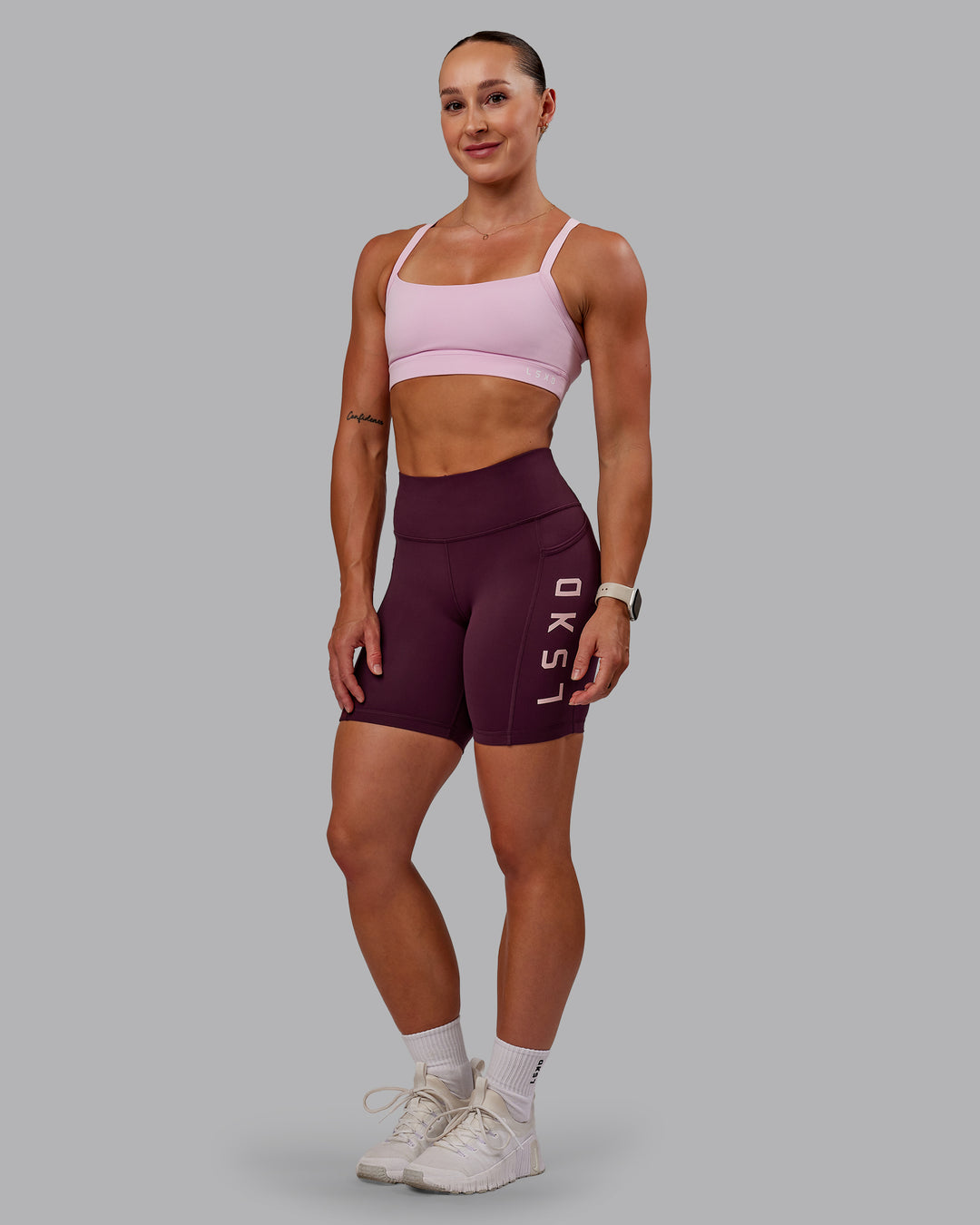 Woman wearing Rep Ultra High-Rise 6" Short Pockets - Cherry Lacquer-Marshmallow | Model:Amber | Size:S - view 5