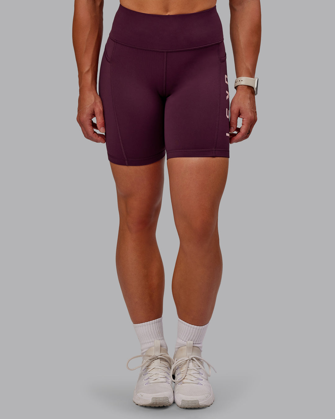 Woman wearing Rep Ultra High-Rise 6" Short Pockets - Cherry Lacquer-Marshmallow | Model:Amber | Size:S - view 7