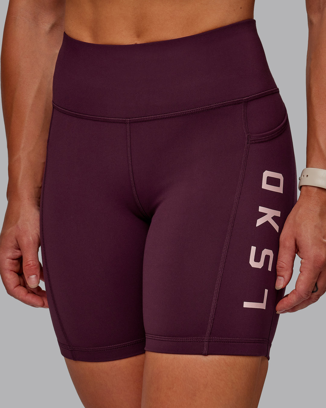 Woman wearing Rep Ultra High-Rise 6" Short Pockets - Cherry Lacquer-Marshmallow | Model:Amber | Size:S - view 6