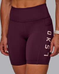 Woman wearing Rep Ultra High-Rise 6" Short Pockets - Cherry Lacquer-Marshmallow | Model:Amber | Size:S | Thumbnail Index: 5