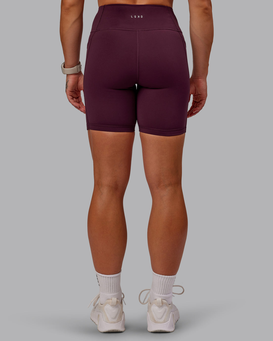 Woman wearing Rep Ultra High-Rise 6" Short Pockets - Cherry Lacquer-Marshmallow | Model:Amber | Size:S - view 4