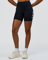 Woman wearing Rep Street Script Ultra High-Rise 6" Short Pockets - Black-White | Model:Rosie | Size:S | Thumbnail Index: 6