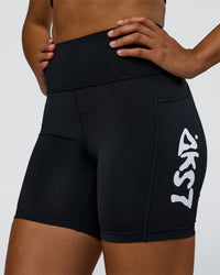 Woman wearing Rep Street Script Ultra High-Rise 6" Short Pockets - Black-White | Model:Rosie | Size:S | Thumbnail Index: 5