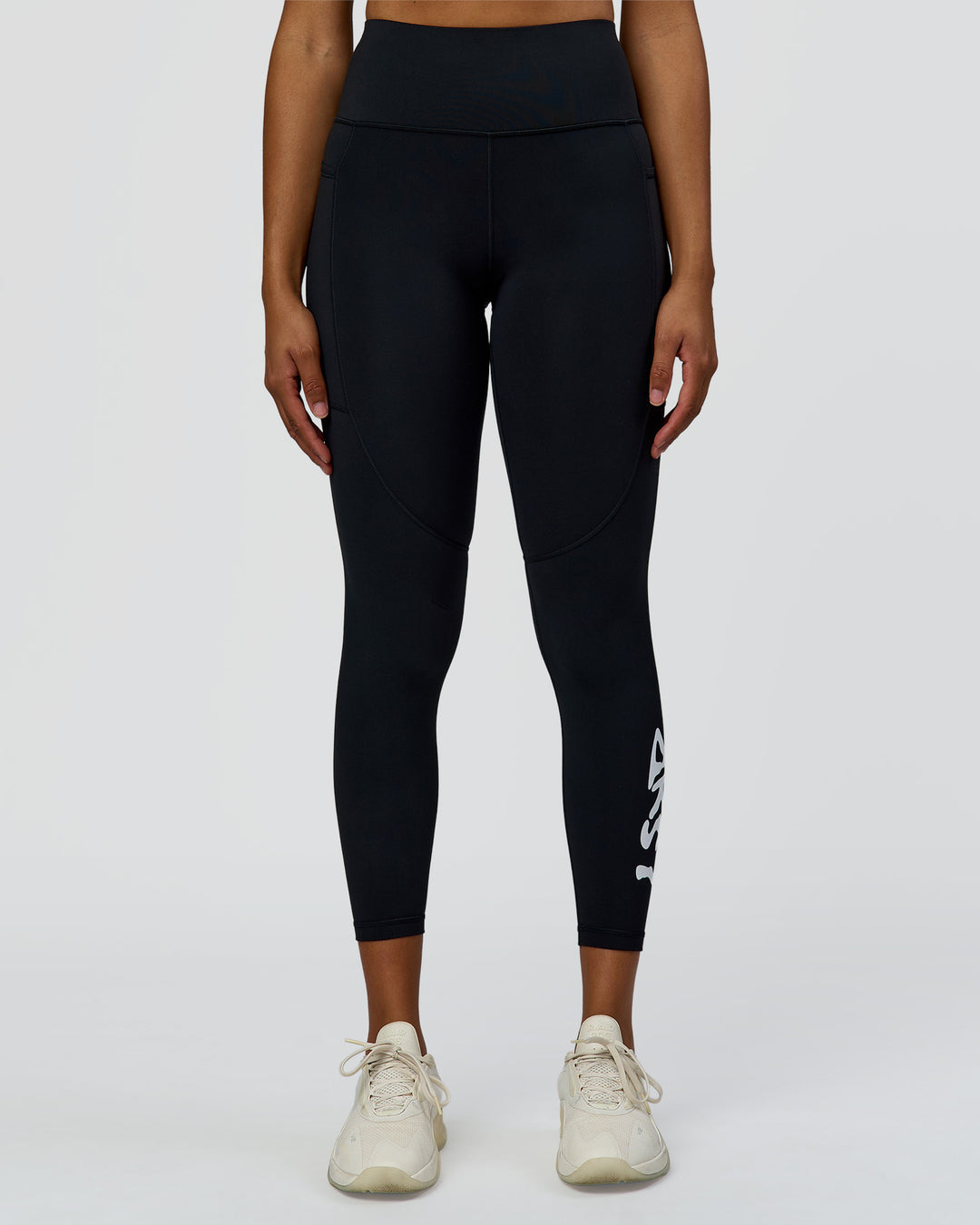 Woman wearing Rep Street Script Ultra High-Rise 7/8 Legging Pockets - Black-White | Model:Rosie | Size:S - view 7