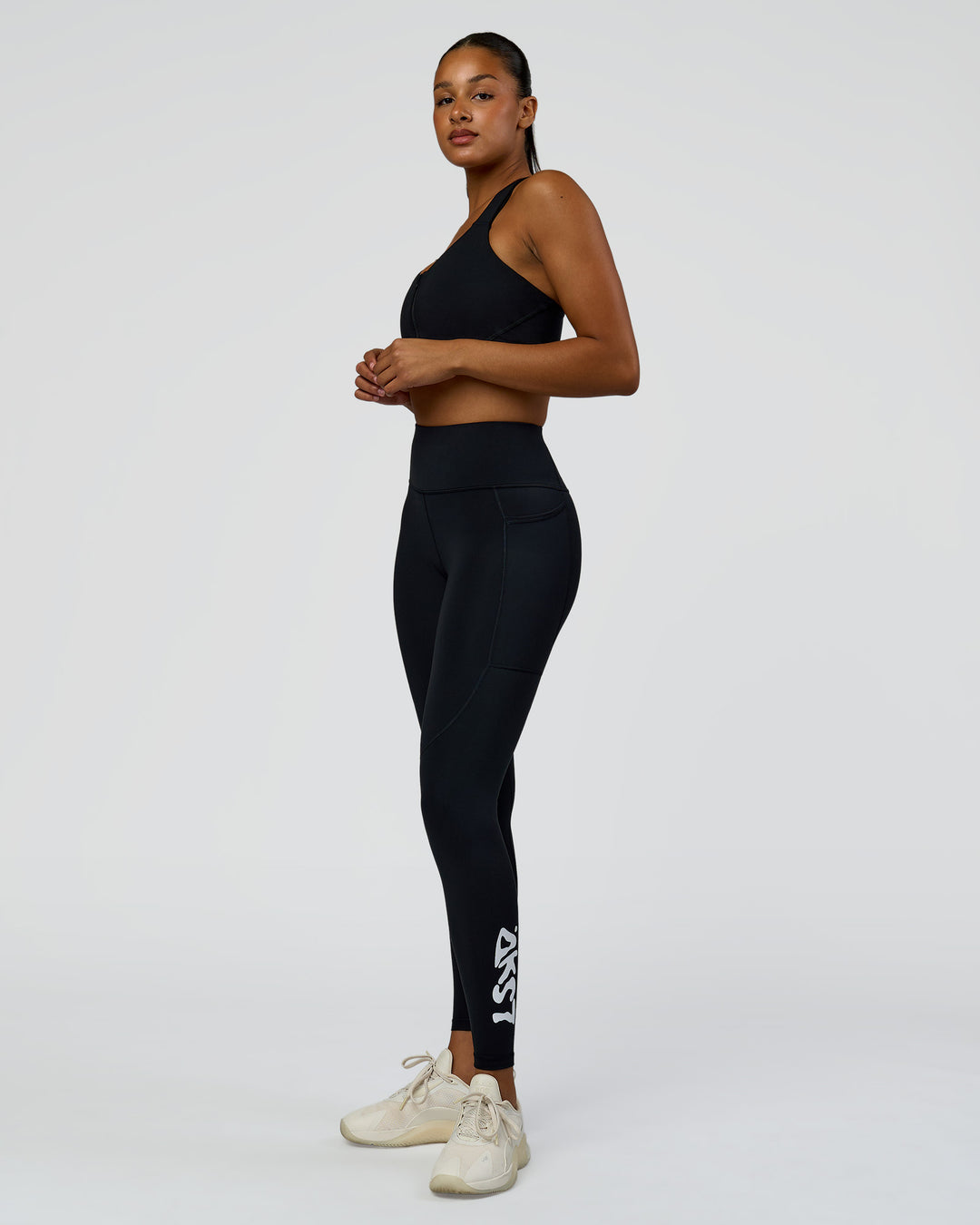 Woman wearing Rep Street Script Ultra High-Rise Full Length Legging Pockets - Black-White | Model:Rosie | Size:S - view 6