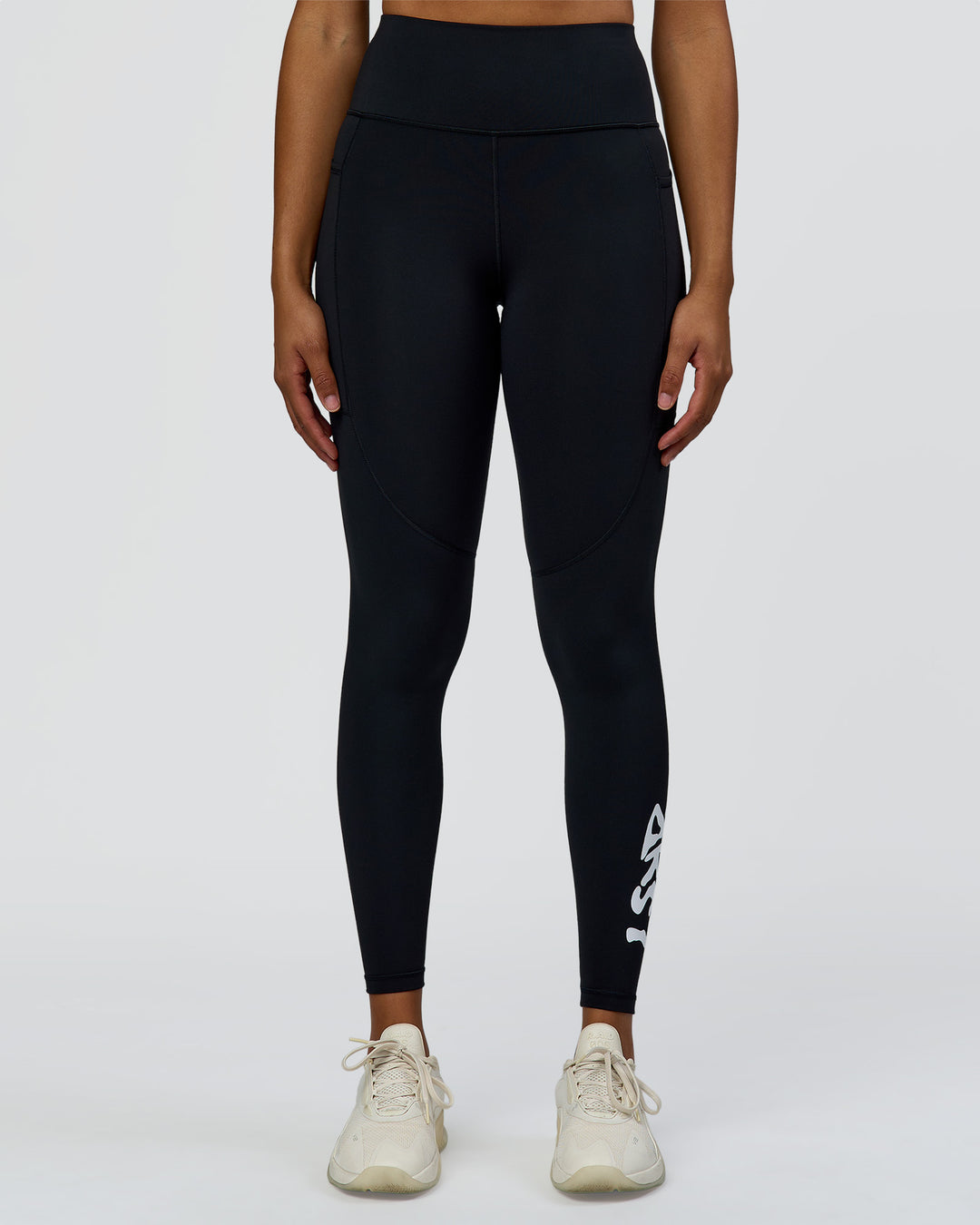Woman wearing Rep Street Script Ultra High-Rise Full Length Legging Pockets - Black-White | Model:Rosie | Size:S - view 8