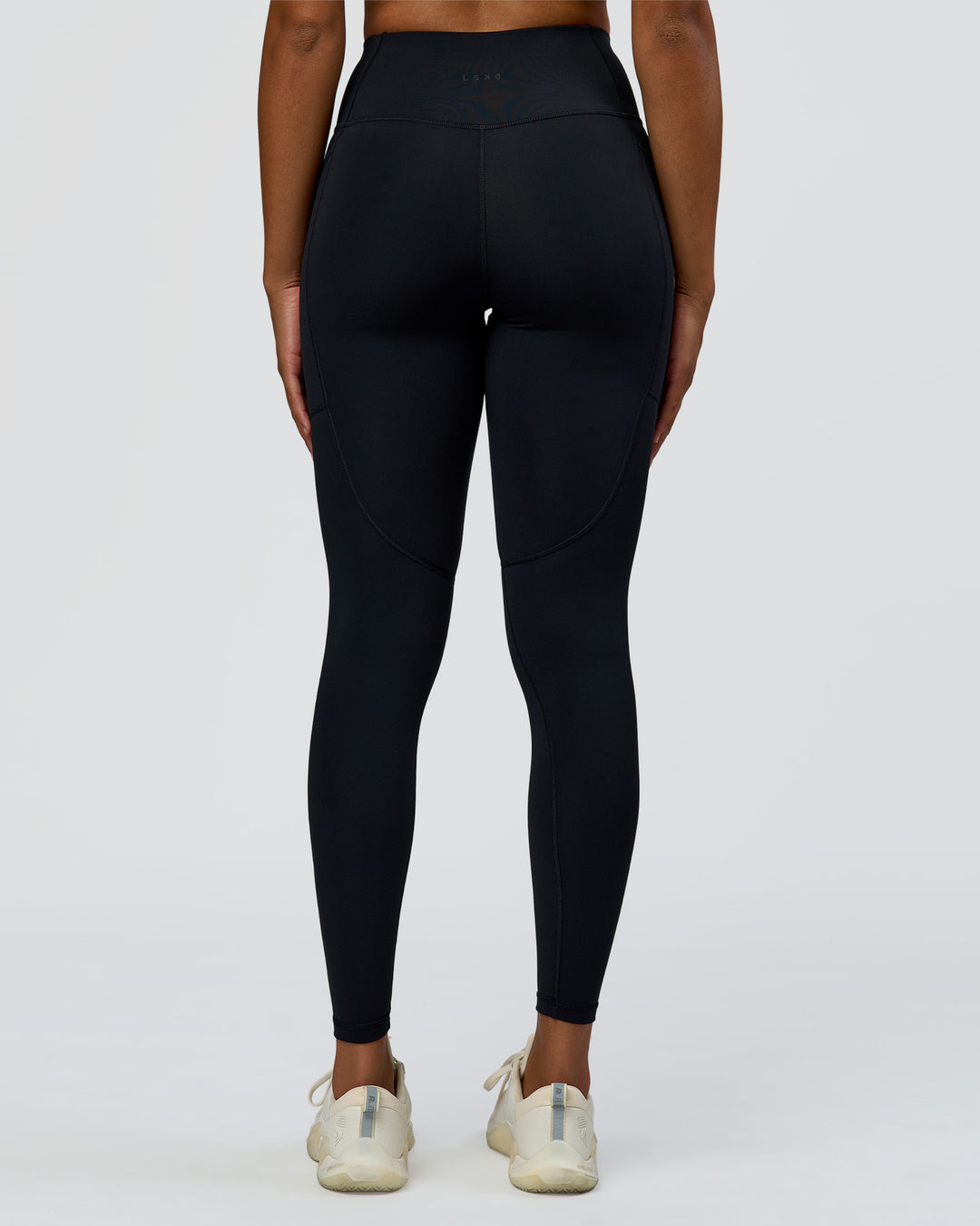 Woman wearing Rep Street Script Ultra High-Rise Full Length Legging Pockets - Black-White | Model:Rosie | Size:S - view 5