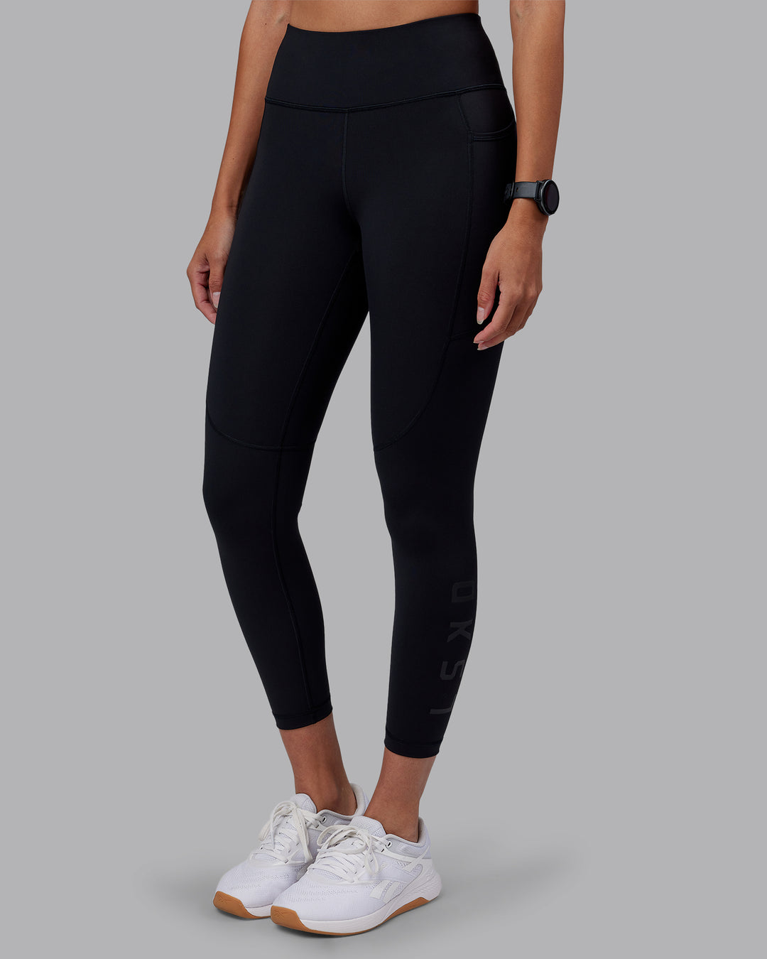 Woman wearing Rep Ultra High-Rise 7/8 Legging Pockets - Black-Black | Model:Rhiley | Size:S - view 7