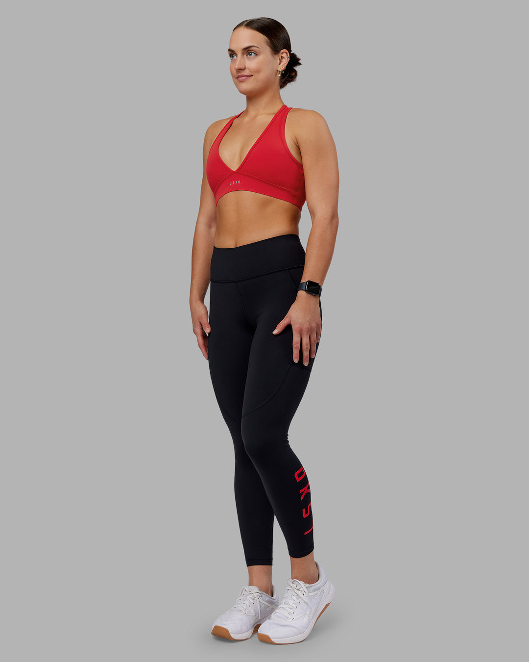 Woman wearing Rep Ultra High-Rise 7/8 Legging Pockets - Black-Scarlet | Model:Keisha | Size:S - view 1