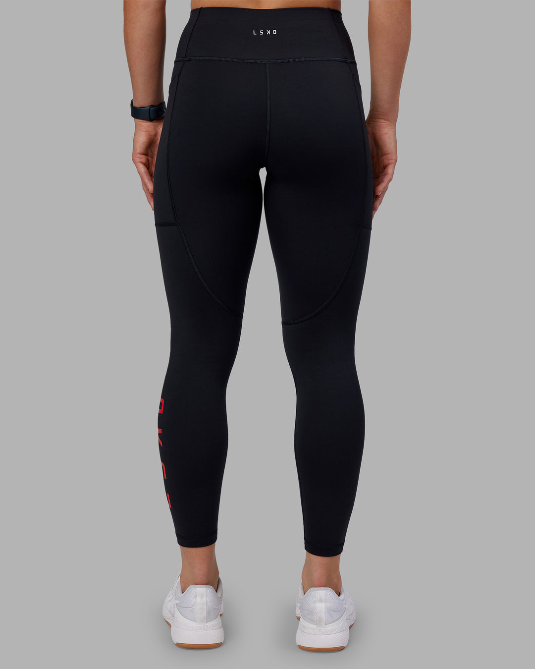Woman wearing Rep Ultra High-Rise 7/8 Legging Pockets - Black-Scarlet | Model:Keisha | Size:S - view 4