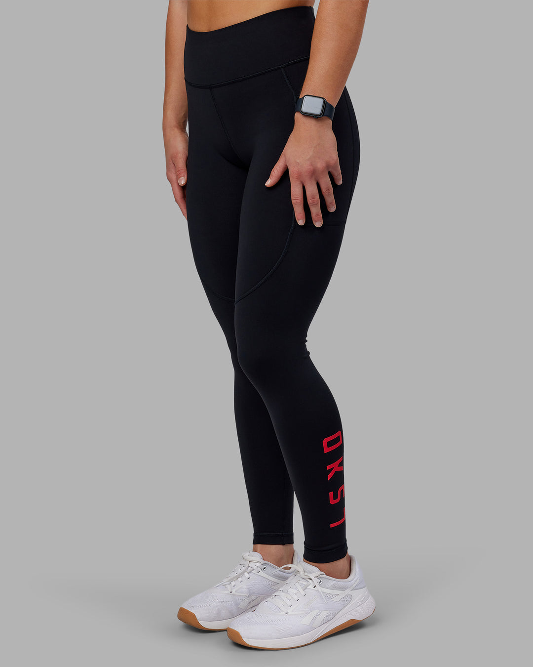 Woman wearing Rep Ultra High-Rise Full Length Legging Pockets - Black-Scarlet | Model:Keisha | Size:S - view 8