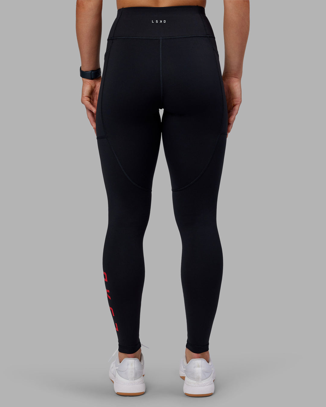 Woman wearing Rep Ultra High-Rise Full Length Legging Pockets - Black-Scarlet | Model:Keisha | Size:S - view 5