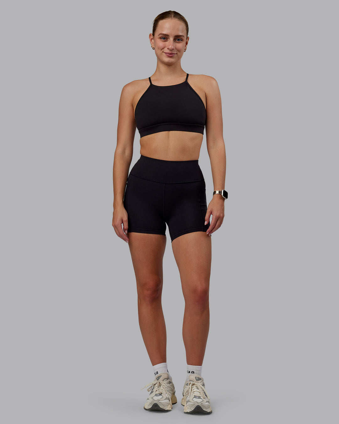 Woman wearing Rep Ultra High-Rise 4" Short Pockets - Black-Black | Model:Lillie | Size:S - view 2