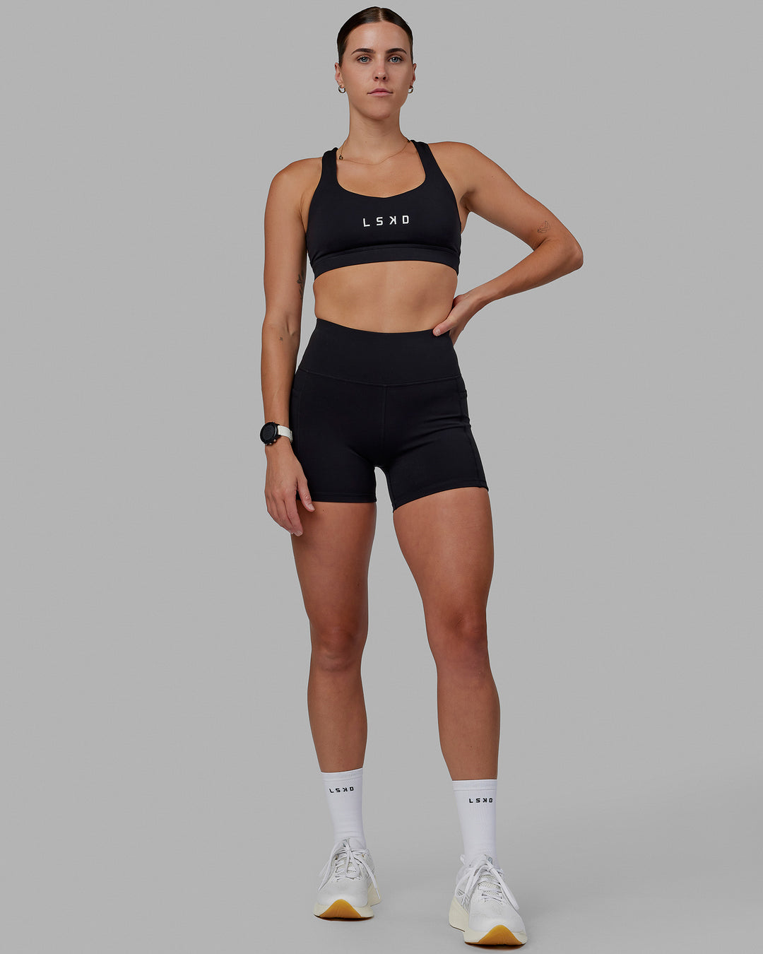 Women wearing O.G. Rep Ultra High-Rise 4" Short Pockets - Black-White | Model:Shae | Size:S - view 3