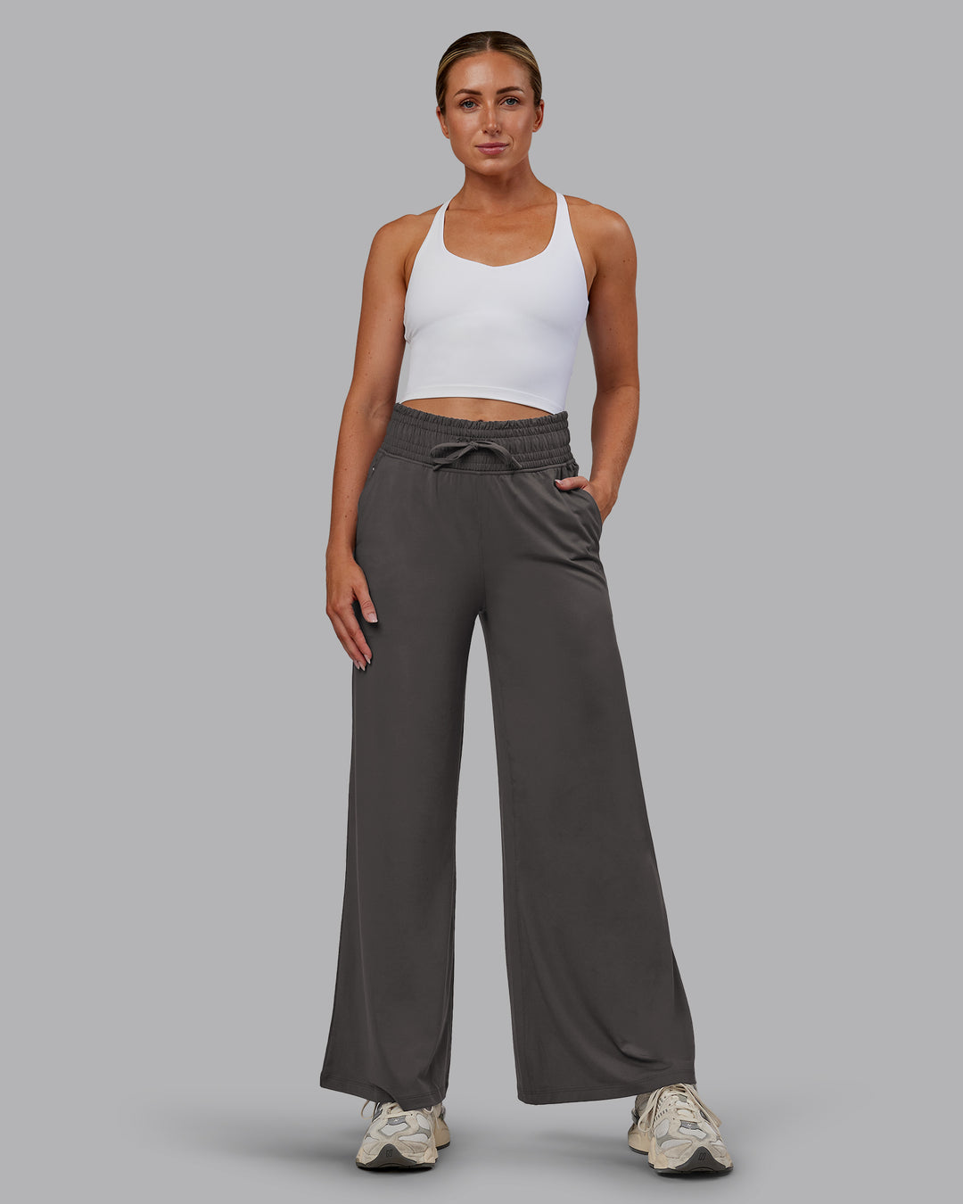 Woman wearing Restore CloudFLX Wide Leg Pant - Dark Storm | Model:Paris | Size:S - view 2