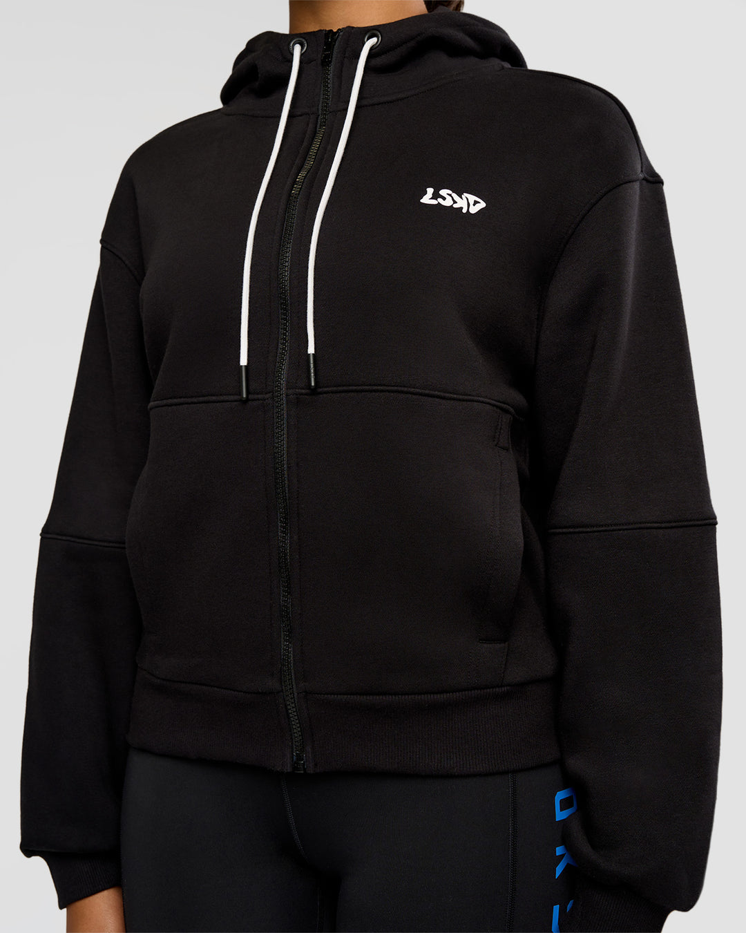 Woman wearing Run Fast Lift Heavy Hoodie - Black-White | Model:Rosie | Size:S - view 4