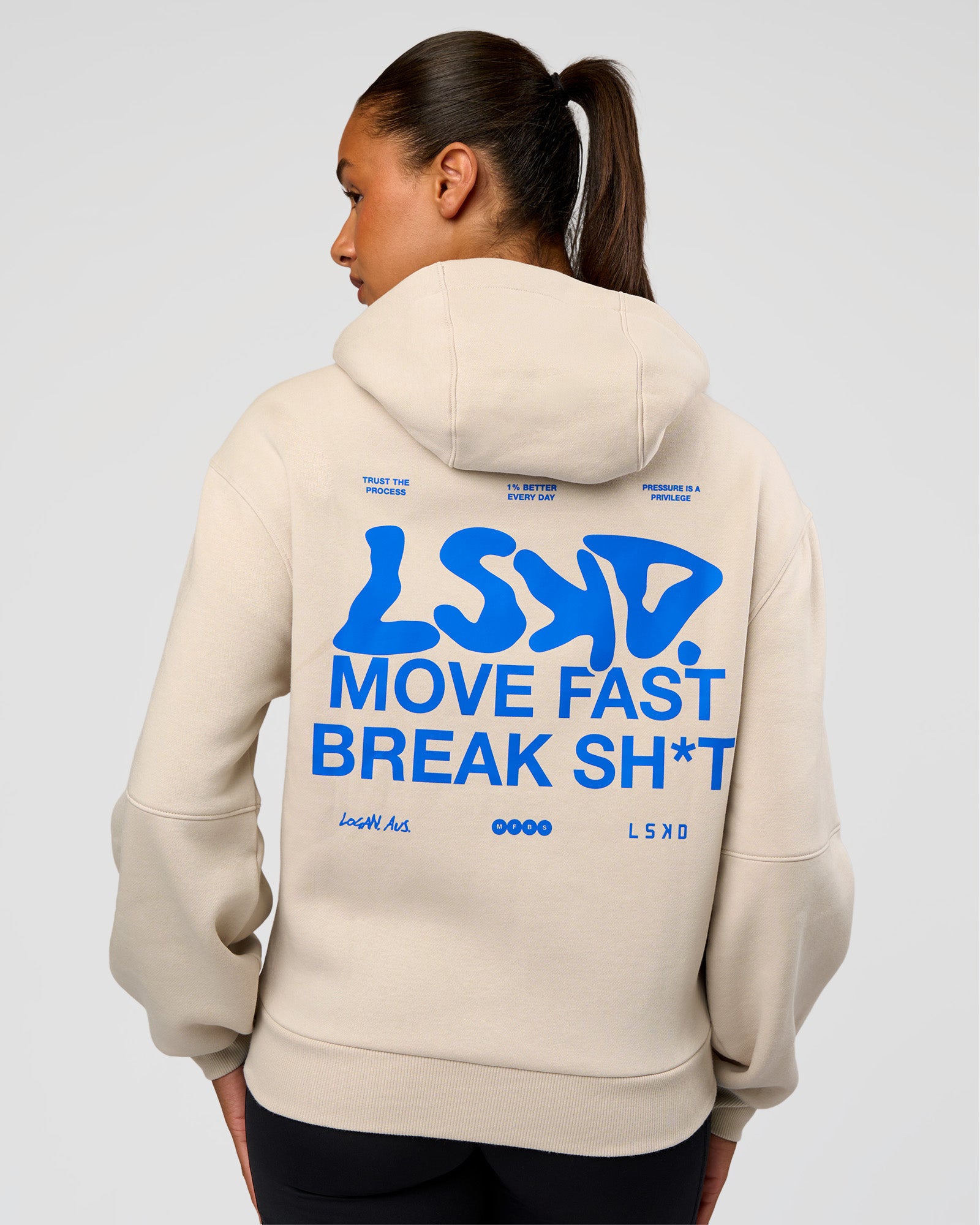 Woman wearing Run Fast Lift Heavy Hoodie - Clay-Palace Blue | Model:Rosie | Size:S