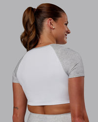 Woman wearing Run With It Ultra Cropped Tee - White-Grey Marl | Model:Phoebe | Size:S | Thumbnail Index: 2