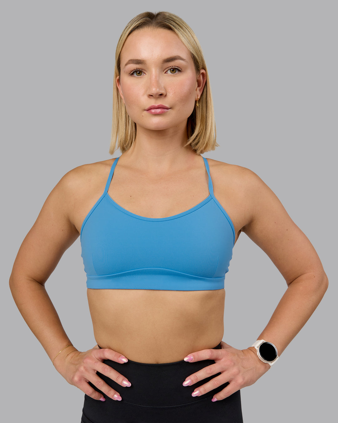 Woman wearing Rush Sports Bra - Azure Blue | Model:Halle | Size:S - view 5