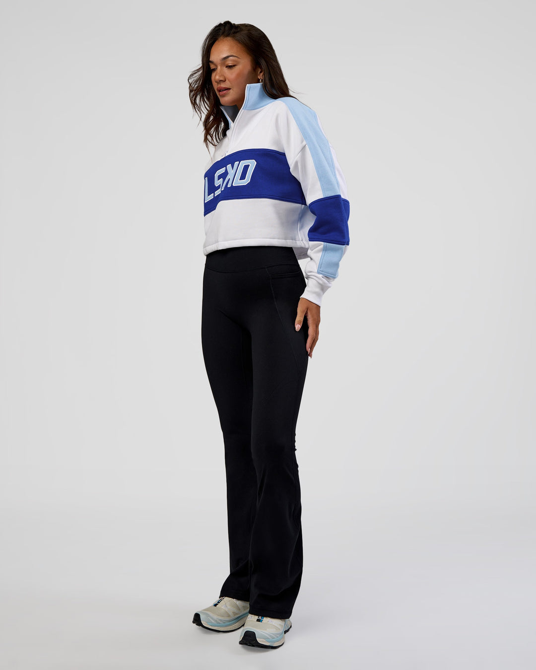 Woman wearing Slam Quarter Zip Sweater - White-Electric Indigo | Model:Kirstyn | Size:S - view 6