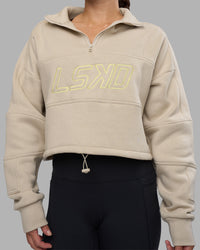 Woman wearing Slam Quarter Zip Sweater - Shale Beige-Lime Glo | Model:Hannah | Size:S | Thumbnail Index: 10