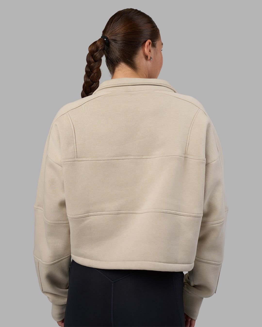 Woman wearing Slam Quarter Zip Sweater - Shale Beige-Lime Glo | Model:Hannah | Size:S - view 12