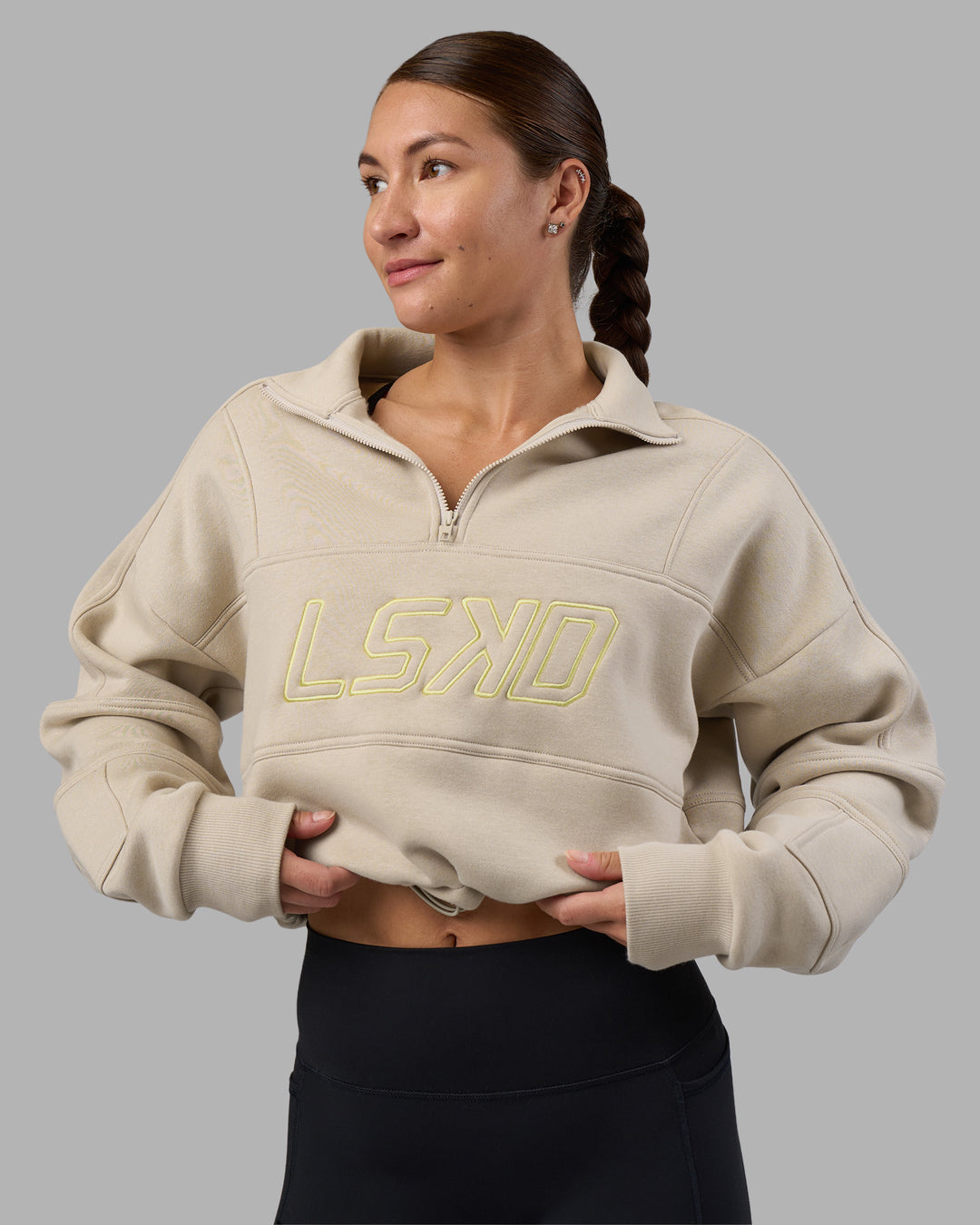 Woman wearing Slam Quarter Zip Sweater - Shale Beige-Lime Glo | Model:Hannah | Size:S - view 5