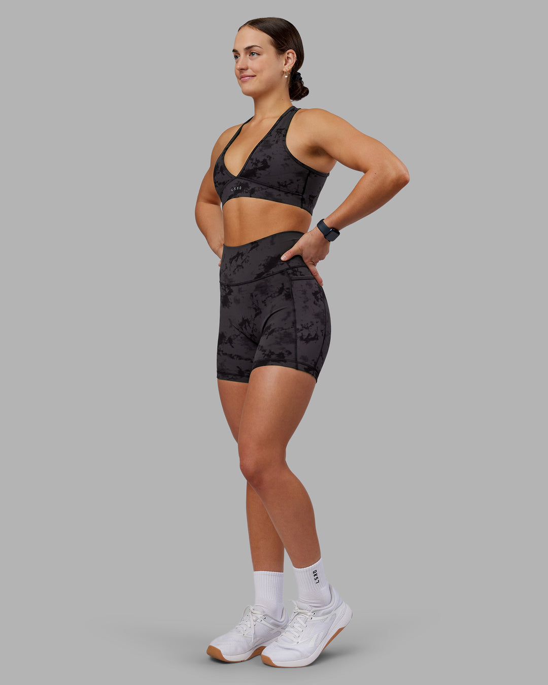 Woman wearing Stamina Sports Bra - Black Tie Dye | Model:Keisha | Size:S - view 5
