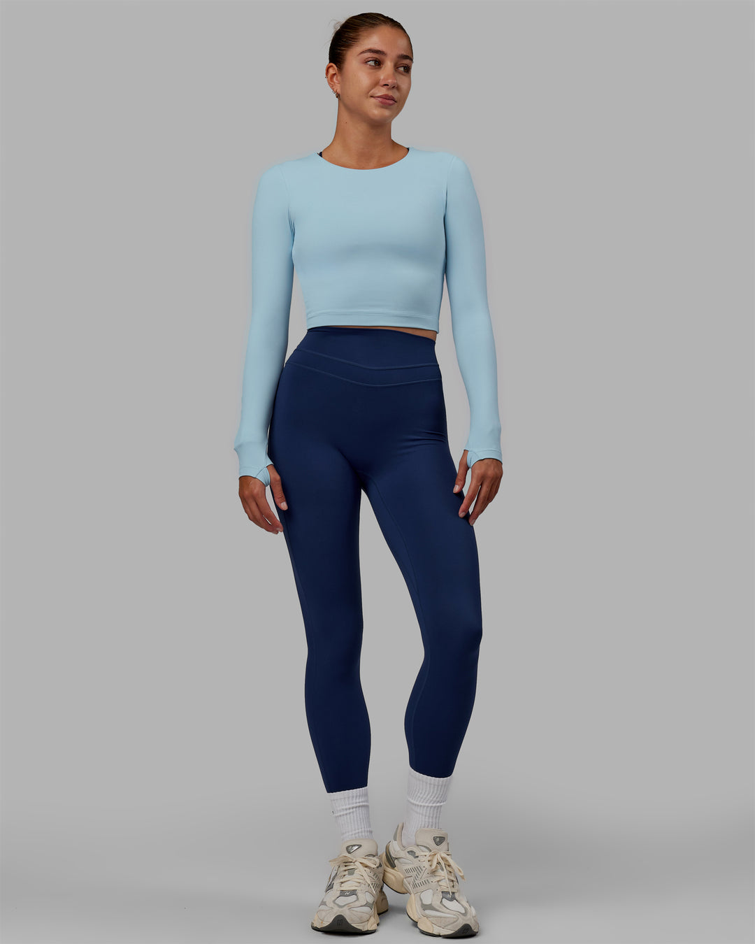 Woman wearing Staple LS Cropped Tee - Glacial Blue - view 3
