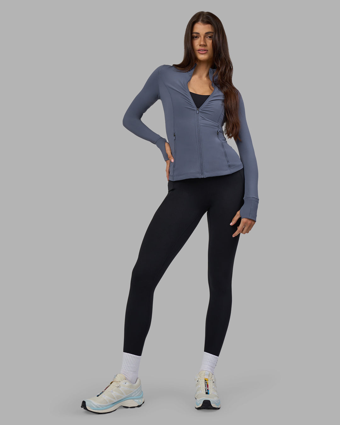 Woman wearing Stride Zip Through Jacket - Night Shadow | Model:Phoebe | Size:S - view 4
