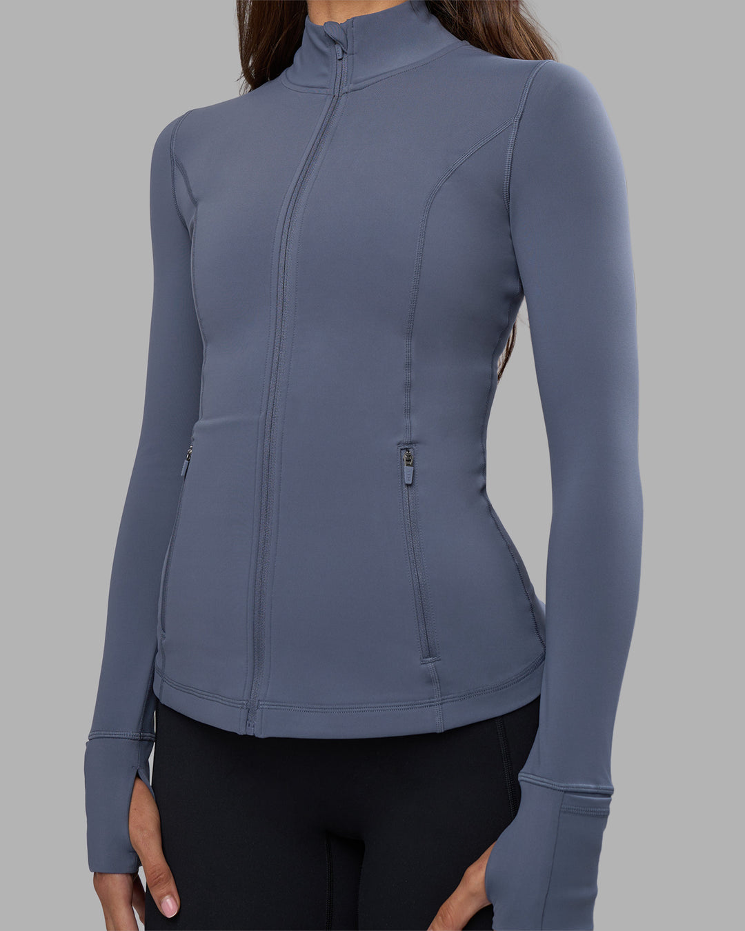 Woman wearing Stride Zip Through Jacket - Night Shadow | Model:Phoebe | Size:S - view 6