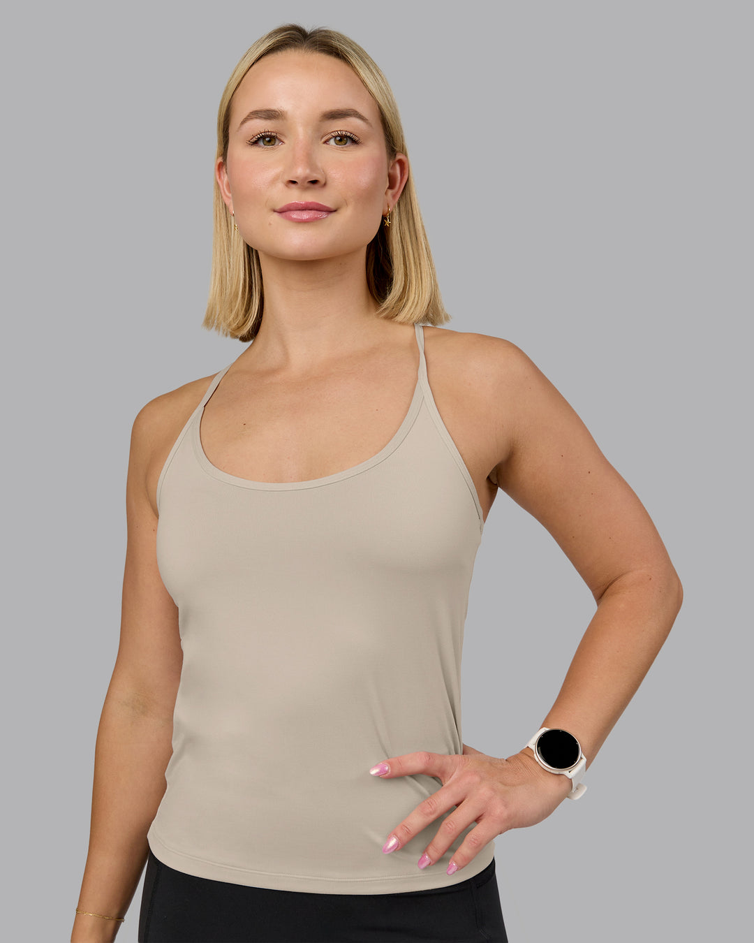 Woman wearing Transition CloudFLX Shelf Bra Tank - Shale Beige | Model:Halle | Size:S - view 1