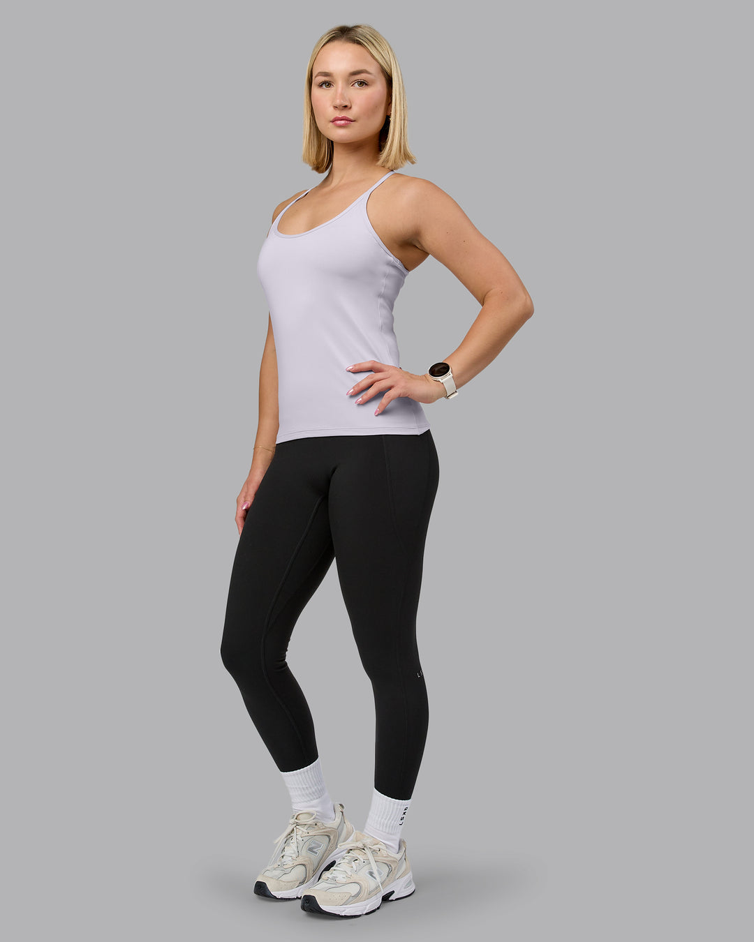 Woman wearing Transition CloudFLX Shelf Bra Tank - Soft Grey | Model:Halle | Size:S - view 4