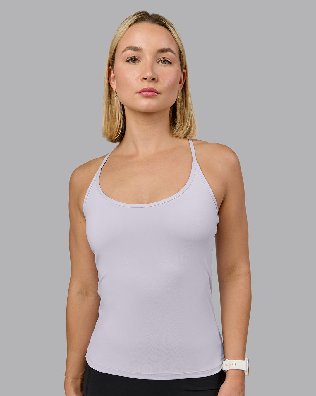 Woman wearing Transition CloudFLX Shelf Bra Tank - Soft Grey | Model:Halle | Size:S - view 2