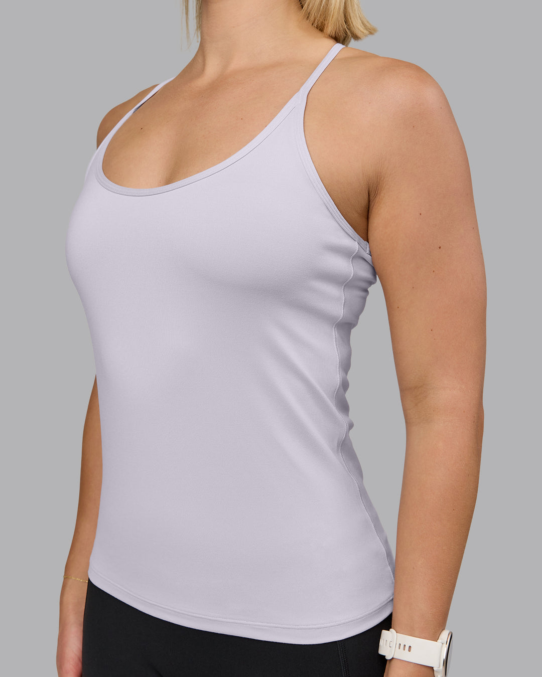 Woman wearing Transition CloudFLX Shelf Bra Tank - Soft Grey | Model:Halle | Size:S - view 5