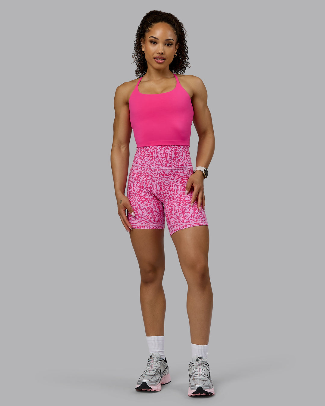 Woman wearing Twist Shelf Bra Tank - Ultra Pink - view 9